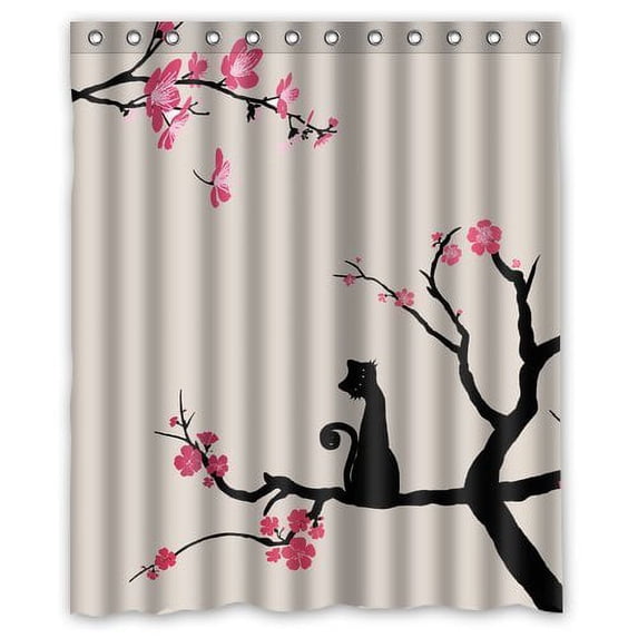 GreenDecor Cherry Blossom Waterproof Shower Curtain Set with Hooks Bathroom Accessories Size 60x72 inches