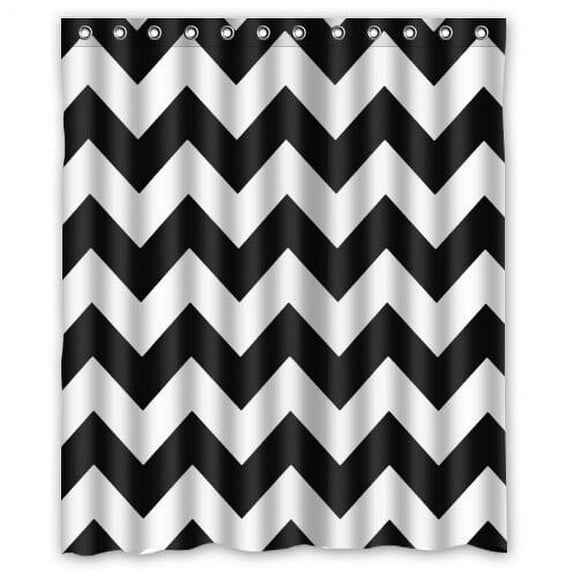 GreenDecor Chevron Black White Waterproof Shower Curtain Set with Hooks Bathroom Accessories Size 60x72 inches
