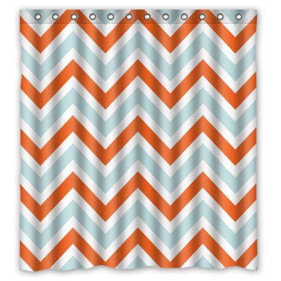GreenDecor Chevron Light Blue Orange And White Zigzag Colorful Stripes Waterproof Shower Curtain Set with Hooks Bathroom Accessories Size 66x72 inches