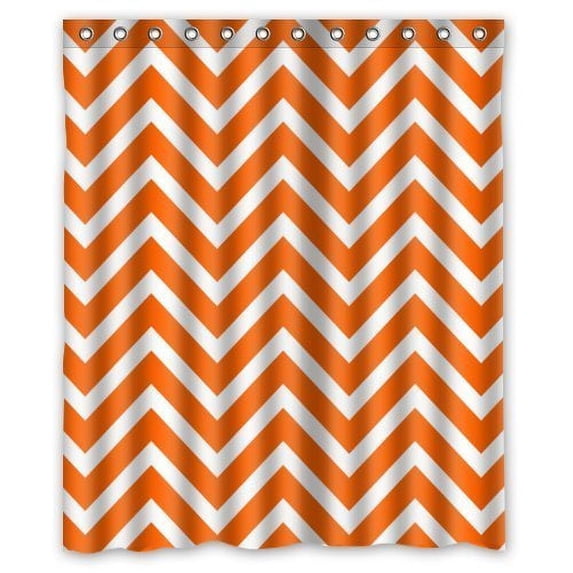 GreenDecor Chevron Orange White Zigzag Stripes Waterproof Shower Curtain Set with Hooks Bathroom Accessories Size 60x72 inches