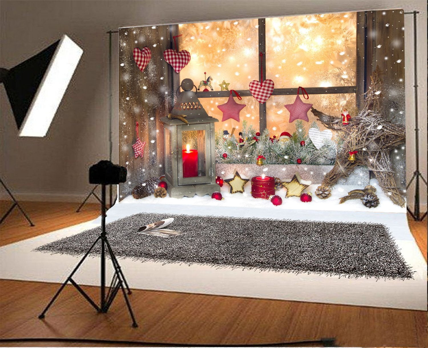 GreenDecor Christmas Backdrop 7x5ft Interior Decoration Candles Stars ...