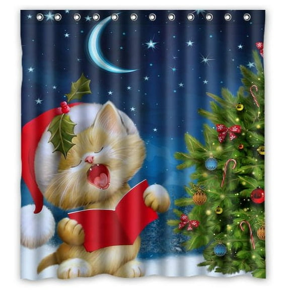 GreenDecor Christmas Cat And Tree Waterproof Shower Curtain Set with Hooks Bathroom Accessories Size 36x72 inches