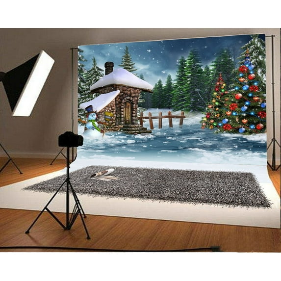 GreenDecor Christmas Cottage Backdrop 7x5ft Photography Backdrop Christmas Tree Decoration Fence Snowman Winter Snow Pine Forests Children Baby Kids Photos Video Studio Props