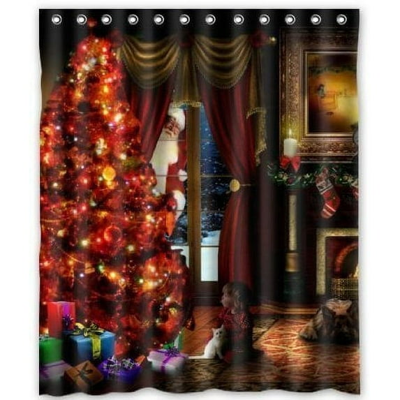GreenDecor Christmas Eve Waterproof Shower Curtain Set with Hooks Bathroom Accessories Size 60x72 inches