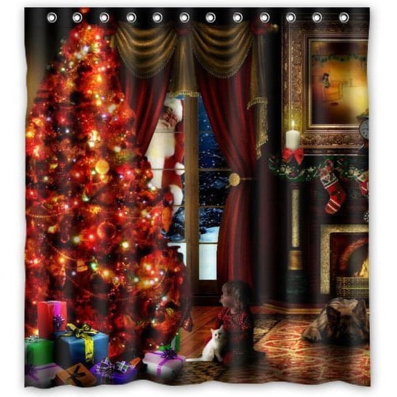 GreenDecor Christmas Eve Waterproof Shower Curtain Set with Hooks Bathroom Accessories Size 66x72 inches