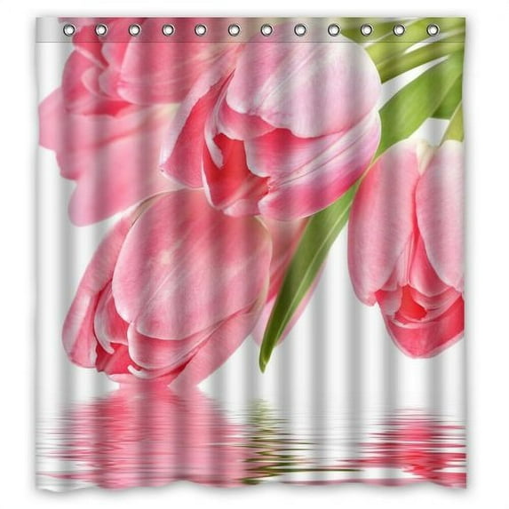 GreenDecor Corlorful Flowers White Tulip Pink Beautiful Waterproof Shower Curtain Set with Hooks Bathroom Accessories Size 66x72 inches