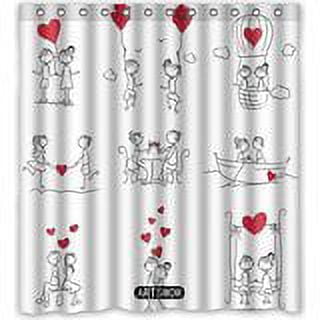 GreenDecor Couple Doodle With Red Heart Shape Waterproof Shower Curtain Set with Hooks Bathroom Accessories Size 60x72 inches