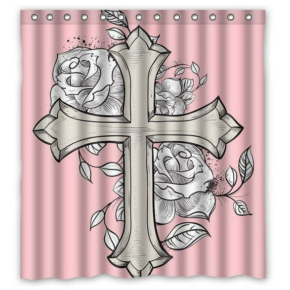 GreenDecor Cross Line Art Waterproof Shower Curtain Set with Hooks Bathroom Accessories Size 66x72 inches