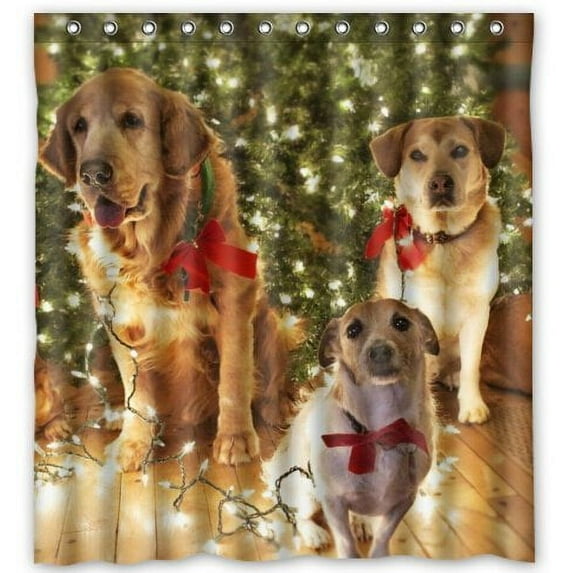 GreenDecor Cute Dogs Christmas Waterproof Shower Curtain Set with Hooks Bathroom Accessories Size 66x72 inches