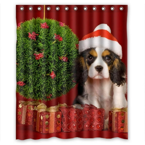 GreenDecor Cute Puppy Merry Christmas Present Waterproof Shower Curtain Set with Hooks Bathroom Accessories Size 60x72 inches