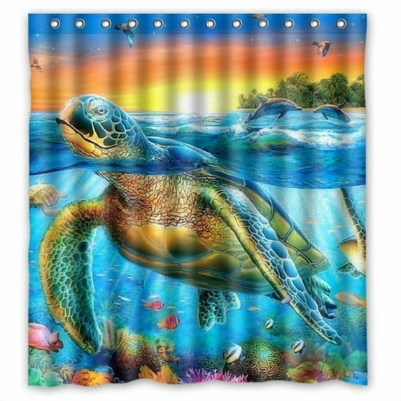 GreenDecor Cute Sea Turtles And Tropical Fishes Waterproof Shower Curtain Set with Hooks Bathroom Accessories Size 66x72 inches