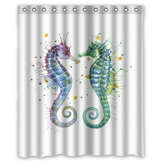 GreenDecor Cute Watercolor Seahorse Waterproof Shower Curtain Set with Hooks Bathroom Accessories Size 60x72 inches