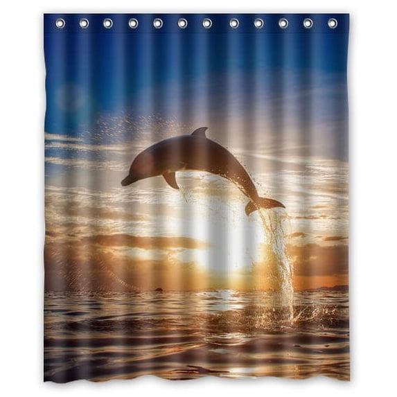 GreenDecor Dancing Dolphins Waterproof Shower Curtain Set with Hooks Bathroom Accessories Size 60x72 inches