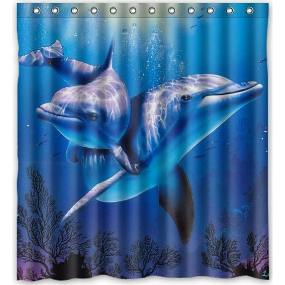GreenDecor Deep Sea Dolphin Waterproof Shower Curtain Set with Hooks Bathroom Accessories Size 66x72 inches