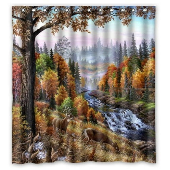 GreenDecor Deer In The Forest Waterproof Shower Curtain Set with Hooks Bathroom Accessories Size 66x72 inches