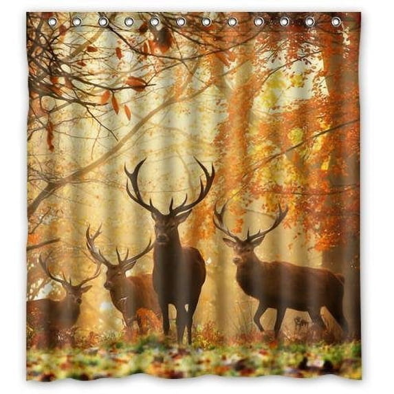 GreenDecor Deer In Woods Print Waterproof Shower Curtain Set with Hooks Bathroom Accessories Size 66x72 inches