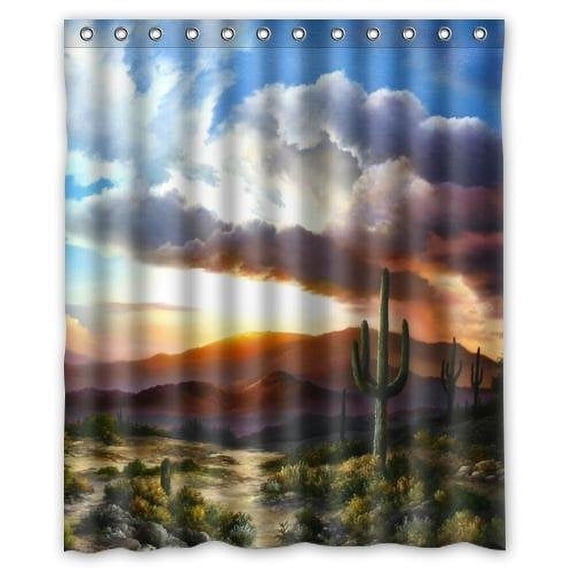 GreenDecor Desert Cactus Sunset Waterproof Shower Curtain Set with Hooks Bathroom Accessories Size 60x72 inches