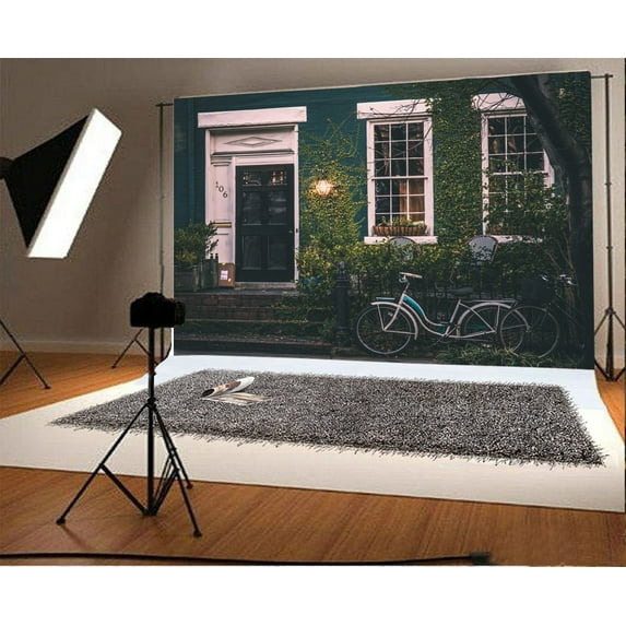 GreenDecor Door Backdrop 7x5ft Windows Ivy Lamp Bike Photography Background Photos Video Studio Props
