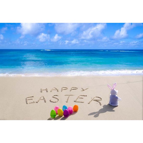 GreenDecor Easter Beach Photo Backdrop Eggs Rabbit Blue Ocean Seaside Scenic Photography Background Studio Shoot Props 7x5ft