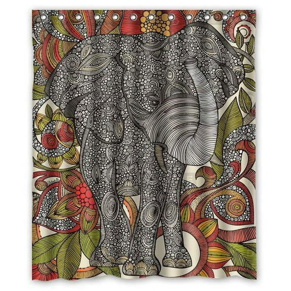 GreenDecor Elephant Art Soft Waterproof Shower Curtain Set with Hooks Bathroom Accessories Size 60x72 inches