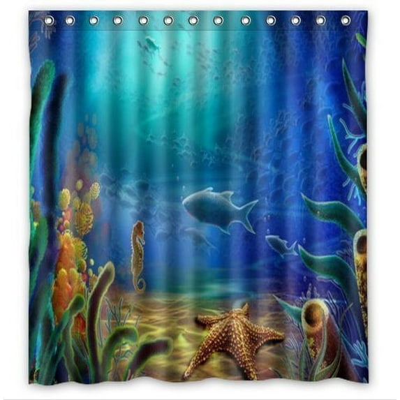 GreenDecor Fish Under The Sea Waterproof Shower Curtain Set with Hooks Bathroom Accessories Size 60x72 inches