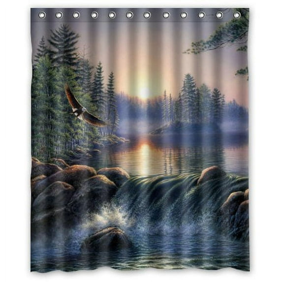 GreenDecor It Forest Nature River Bear Eagle Fog Sunrise Stall Resistant Waterproof Shower Curtain Set with Hooks Bathroom Accessories Size 60x72 inches