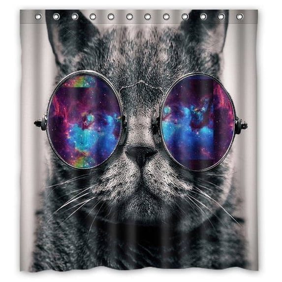 GreenDecor Galaxy Hipster Cat Wear Color Sunglasses Waterproof Shower Curtain Set with Hooks Bathroom Accessories Size 66x72 inches