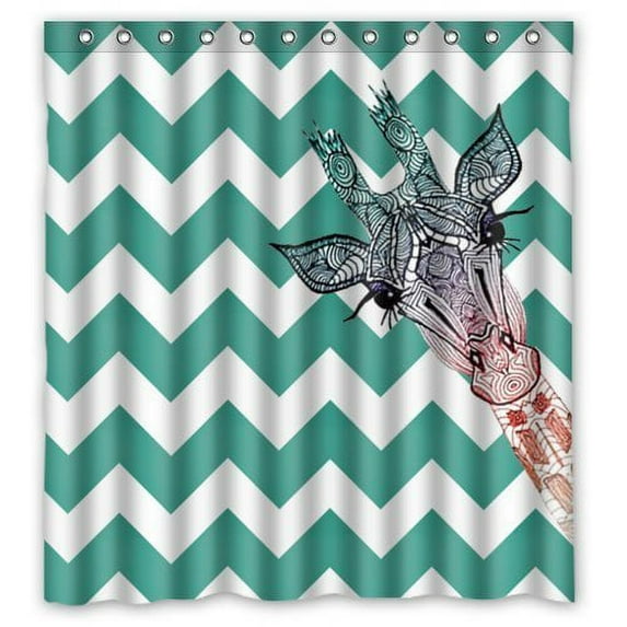 GreenDecor Giraffe Art In Teal Blue Chevron Waterproof Shower Curtain Set with Hooks Bathroom Accessories Size 66x72 inches