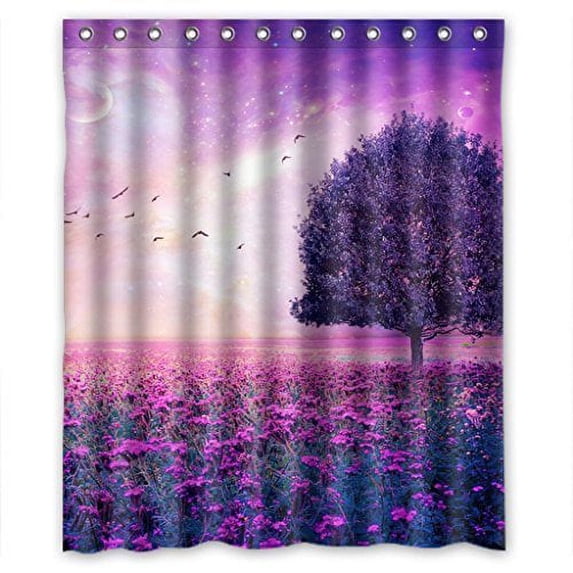 GreenDecor Glam Shining Purple Trees And Flowers Waterproof Shower Curtain Set with Hooks Bathroom Accessories Size 60x72 inches
