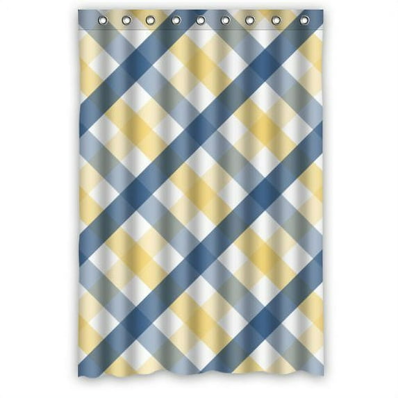 GreenDecor Grace England Style Elegant Blue Yellow Stripes Cross Waterproof Shower Curtain Set with Hooks Bathroom Accessories Size 48x72 inches