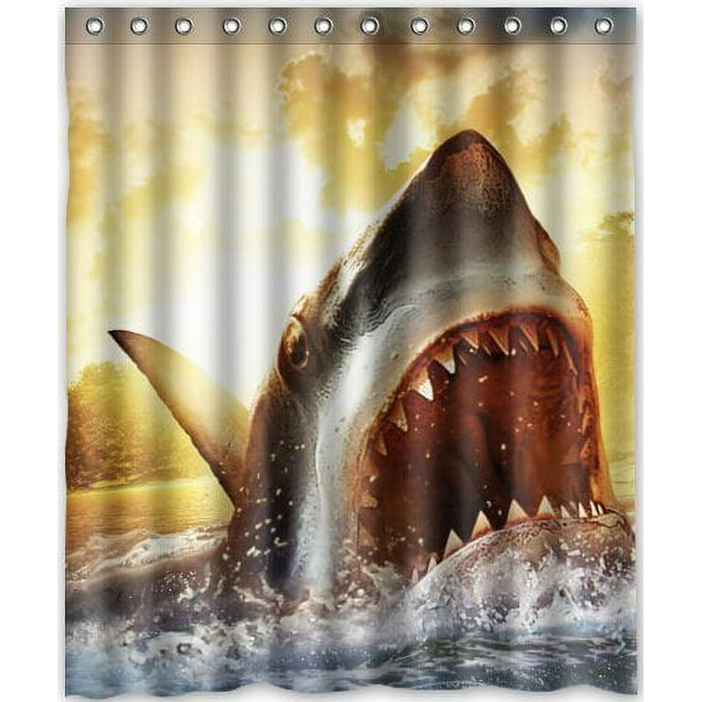 GreenDecor Great White Shark Waterproof Shower Curtain Set with Hooks  Bathroom Accessories Size 60x72 inches 