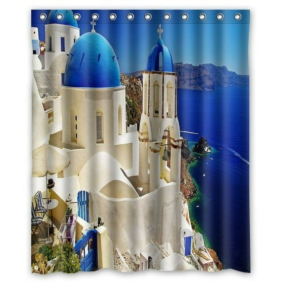 GreenDecor Greece Santorini Oia Waterproof Shower Curtain Set with Hooks Bathroom Accessories Size 60x72 inches