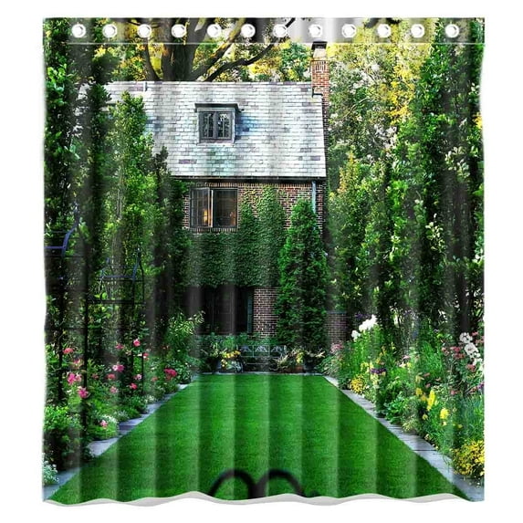 GreenDecor Green House Waterproof Shower Curtain Set with Hooks Bathroom Accessories Size 66x72 inches