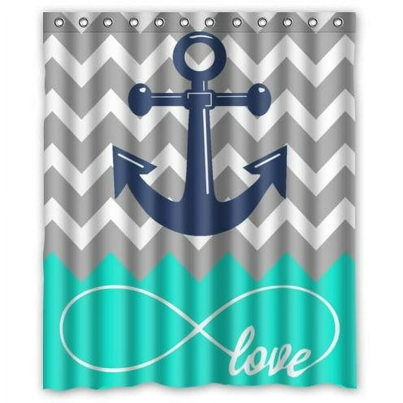 GreenDecor Infinity Chevron With Nautical Anchor Turquoise Waterproof Shower Curtain Set with Hooks Bathroom Accessories Size 60x72 inches