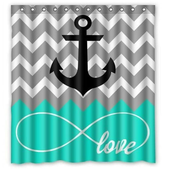 GreenDecor Infinity Chevron With Nautical Anchor Turquoise Waterproof Shower Curtain Set with Hooks Bathroom Accessories Size 66x72 inches