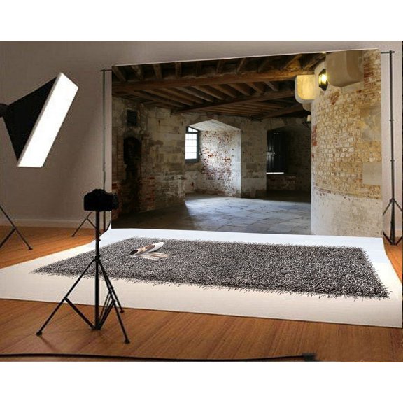 GreenDecor Interior Backdrop 7x5ft Photography Background Brick Wall Wooden Roof Ground Window Video Studio Props