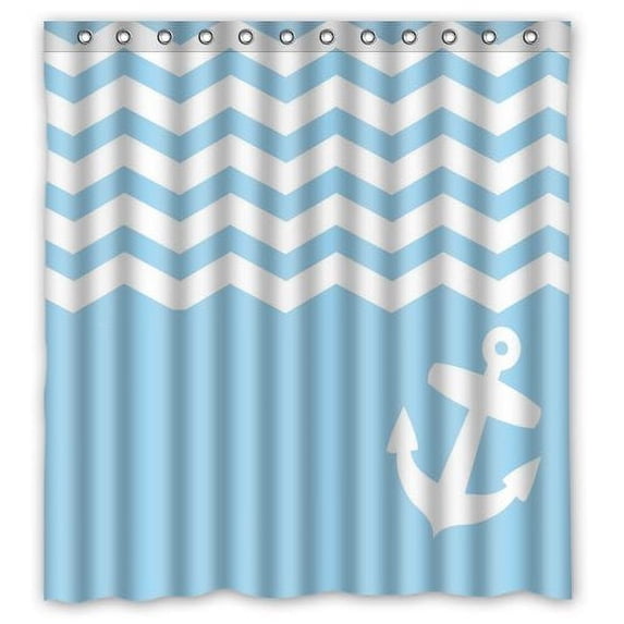 GreenDecor Light Blue Chevron With Anchor Art Waterproof Shower Curtain Set with Hooks Bathroom Accessories Size 66x72 inches