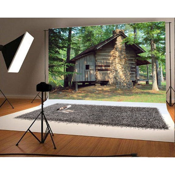 GreenDecor Log Cabin Backdrop 7x5ft Photography Background Forests Trees Brick Chimney Nature Scenery Video Studio Props Children Portraits