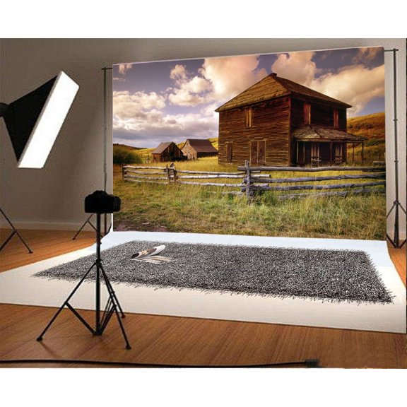 GreenDecor Log Cabin Backdrop 7x5ft Photography Background Wood Fence Grass Clouds Valley Photo Video Studio Props Children Baby Kids