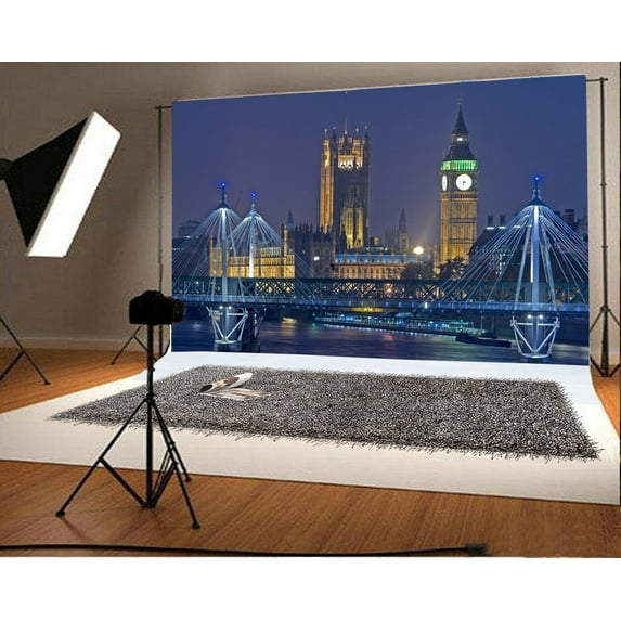 GreenDecor London Backdrop 7x5ft Photography Background Big Ben City Night Scene Great Bridge Road Lamps Ship European Building Photos Video Studio Props