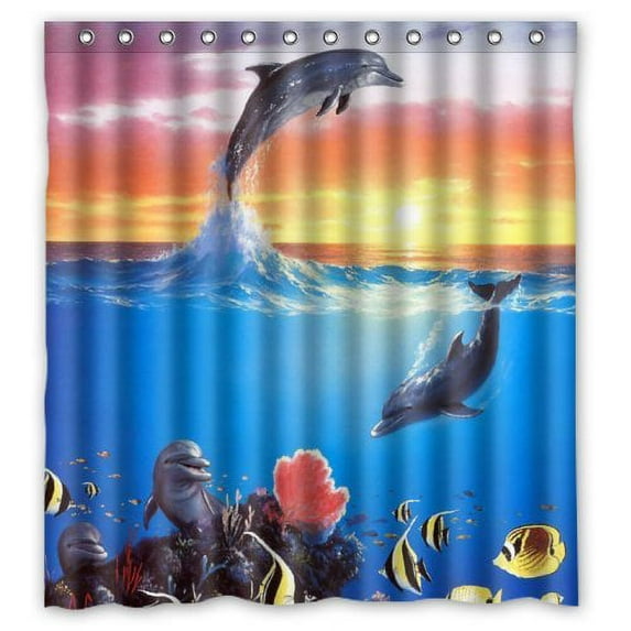 GreenDecor Love Dolphins Ocean World Waterproof Shower Curtain Set with Hooks Bathroom Accessories Size 66x72 inches