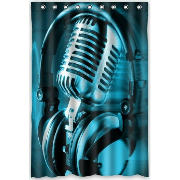 GreenDecor Modern Musica Art Microphone Waterproof Shower Curtain Set with Hooks Bathroom Accessories Size 48x72 inches