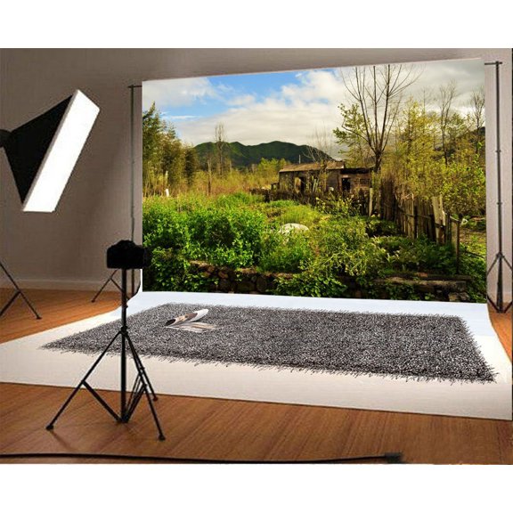 GreenDecor Mountains Log Cabin Backdrop 7x5ft Trees Plants Photography Background Photos Video Studio Props