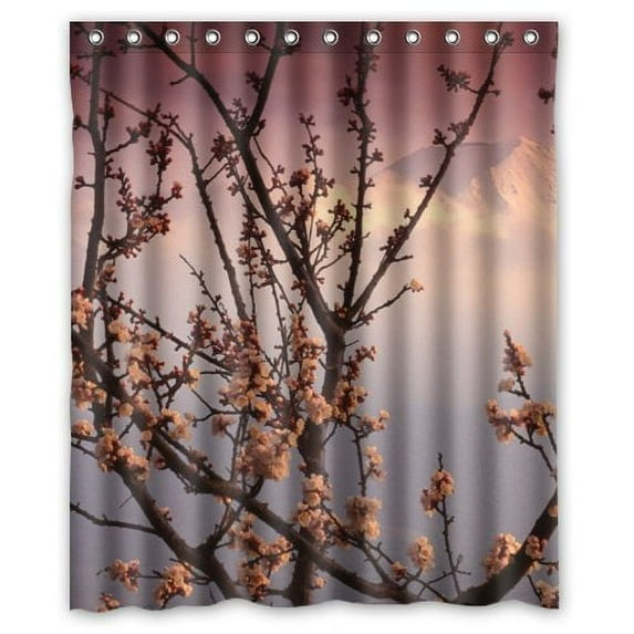 GreenDecor Mountains Plum Flower Waterproof Shower Curtain Set with Hooks Bathroom Accessories Size 60x72 inches