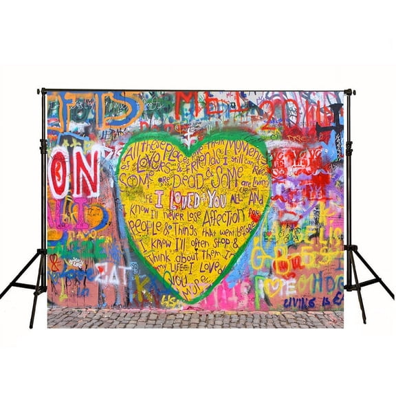 GreenDecor Multicolored Graffiti Wall Photography Backdrop 7x5ft Huge Sweetheart with Love Photo Background for Wedding