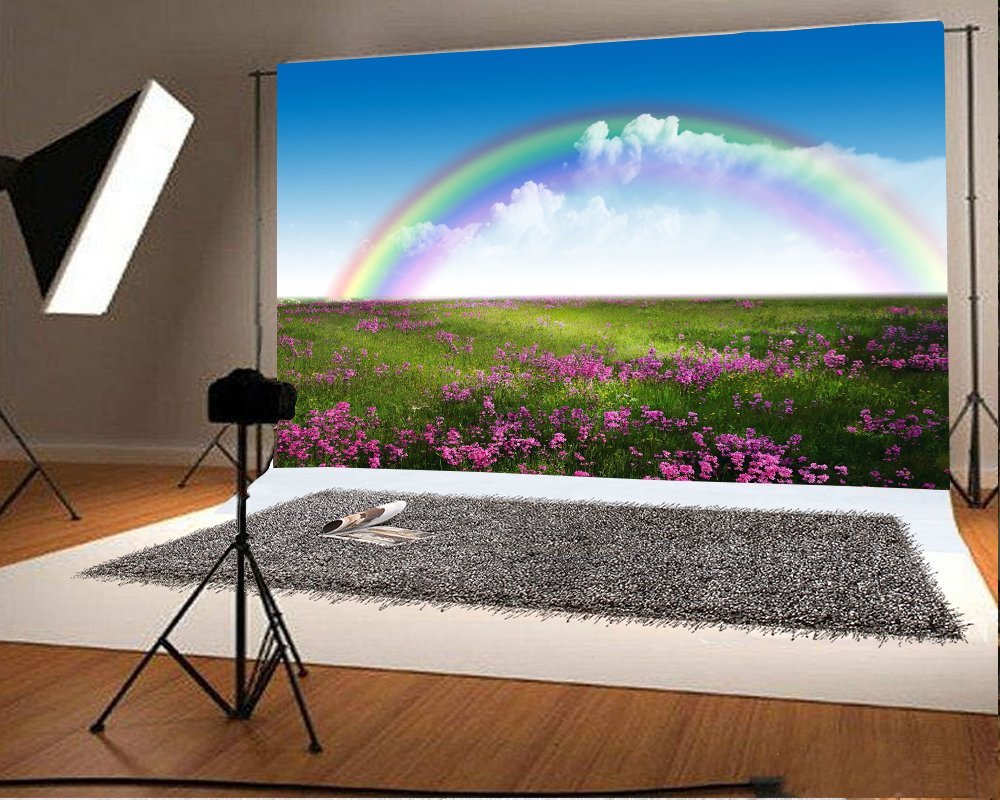 GreenDecor Nature Backdrop 7x5ft Dreamy Rainbow Blue Sky Flowers Blossoms Clouds Grass Meadow Green Fields Outside Painting Activities Wallpaper Famil - image 1 of 5