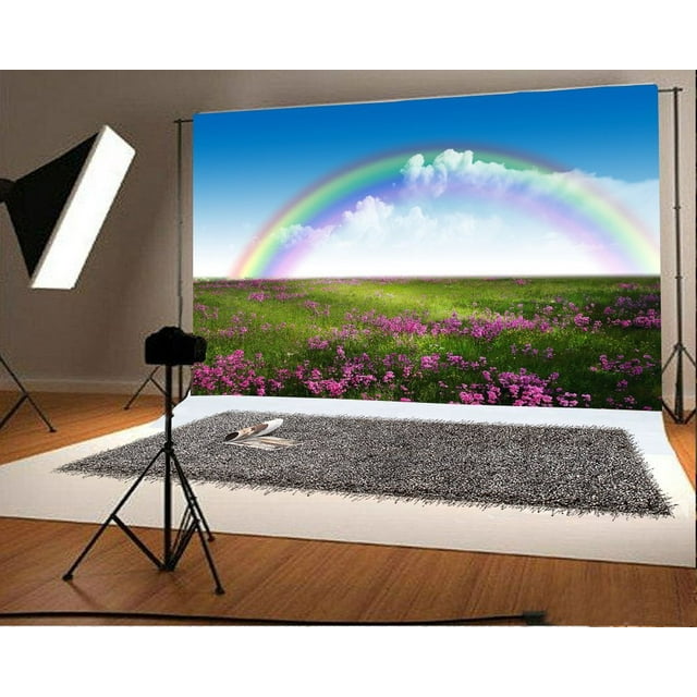 GreenDecor Nature Backdrop 7x5ft Dreamy Rainbow Blue Sky Flowers Blossoms Clouds Grass Meadow Green Fields Outside Painting Activities Wallpaper Famil