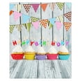 thumbnail image 1 of GreenDecor Off White Wood Photography Background Backdrop 5x7ft Colorful Dots Flags Sweet Cup Cakes Happy Birthday for Baby, 1 of 3