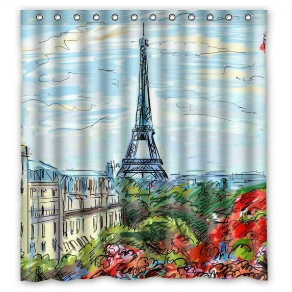 GreenDecor Paris Eiffel Tower Waterproof Shower Curtain Set with Hooks Bathroom Accessories Size 66x72 inches
