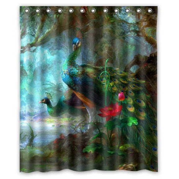 GreenDecor Peacock Feathers Waterproof Shower Curtain Set with Hooks Bathroom Accessories Size 60x72 inches